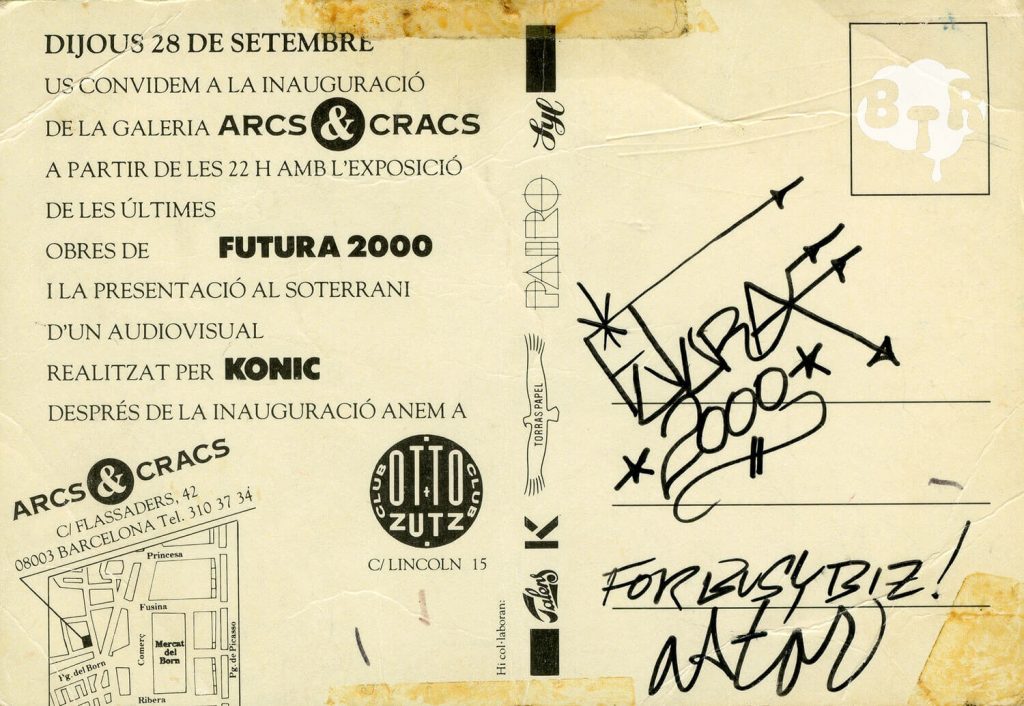 Trasera de la postal de la exposión de Futura 2000 firmada por él y Patti Astor. Barcelona 1989